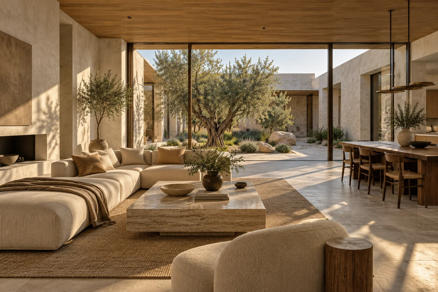 AI-generated concept of a warm interior with oak finishes and daylight through courtyard glazing
